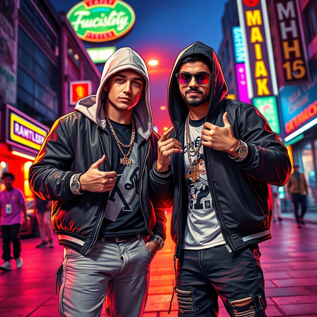 A vibrant street scene featuring two well-known hip-hop artists, Eminem and Reza Pishro, depicted in a stylish and artistic way