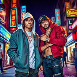 A vibrant street scene featuring two well-known hip-hop artists, Eminem and Reza Pishro, depicted in a stylish and artistic way