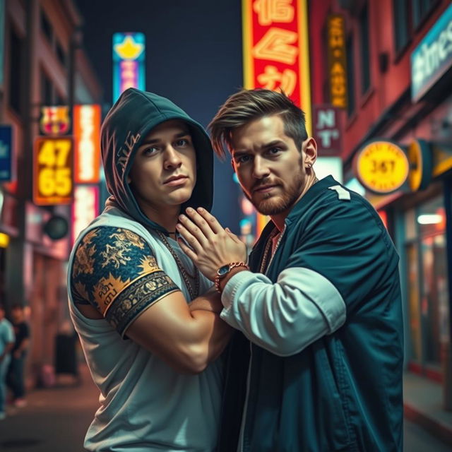 An artistic and provocative street scene featuring two iconic figures, Eminem and Lionel Messi, captured in a vibrant urban setting