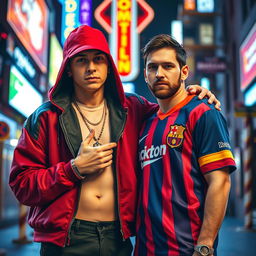 An artistic and provocative street scene featuring two iconic figures, Eminem and Lionel Messi, captured in a vibrant urban setting