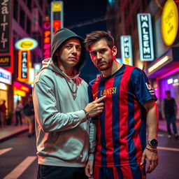 An artistic and provocative street scene featuring two iconic figures, Eminem and Lionel Messi, captured in a vibrant urban setting