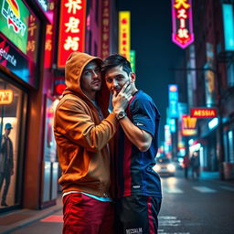 An artistic and provocative street scene featuring two iconic figures, Eminem and Lionel Messi, captured in a vibrant urban setting