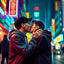 A romantic street scene featuring Eminem and Lionel Messi engaged in a passionate kiss, set against the backdrop of a vibrant urban landscape at night