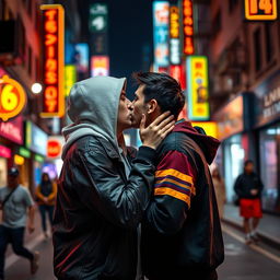 A romantic street scene featuring Eminem and Lionel Messi engaged in a passionate kiss, set against the backdrop of a vibrant urban landscape at night