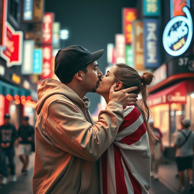 A romantic street scene featuring Eminem and Lionel Messi engaged in a passionate kiss, set against the backdrop of a vibrant urban landscape at night