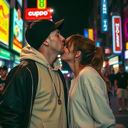 A romantic street scene featuring Eminem and Lionel Messi engaged in a passionate kiss, set against the backdrop of a vibrant urban landscape at night