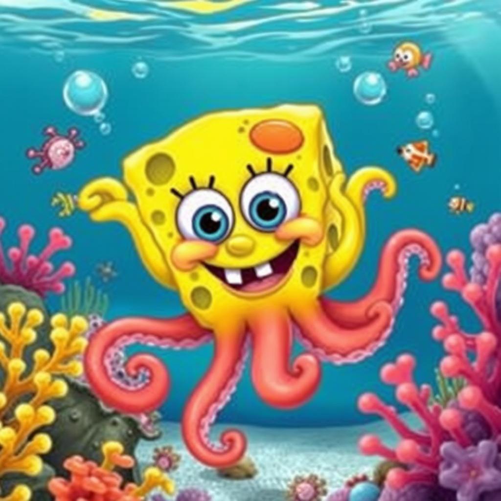 A vibrant underwater scene featuring an octopus styled like a character from SpongeBob SquarePants