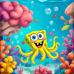 A vibrant underwater scene featuring an octopus styled like a character from SpongeBob SquarePants