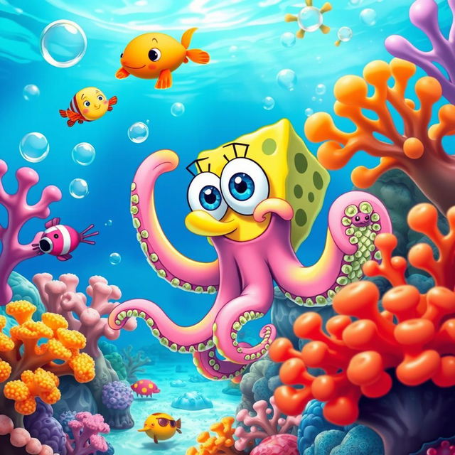 A vibrant underwater scene featuring an octopus styled like a character from SpongeBob SquarePants