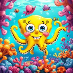 A vibrant underwater scene featuring an octopus styled like a character from SpongeBob SquarePants