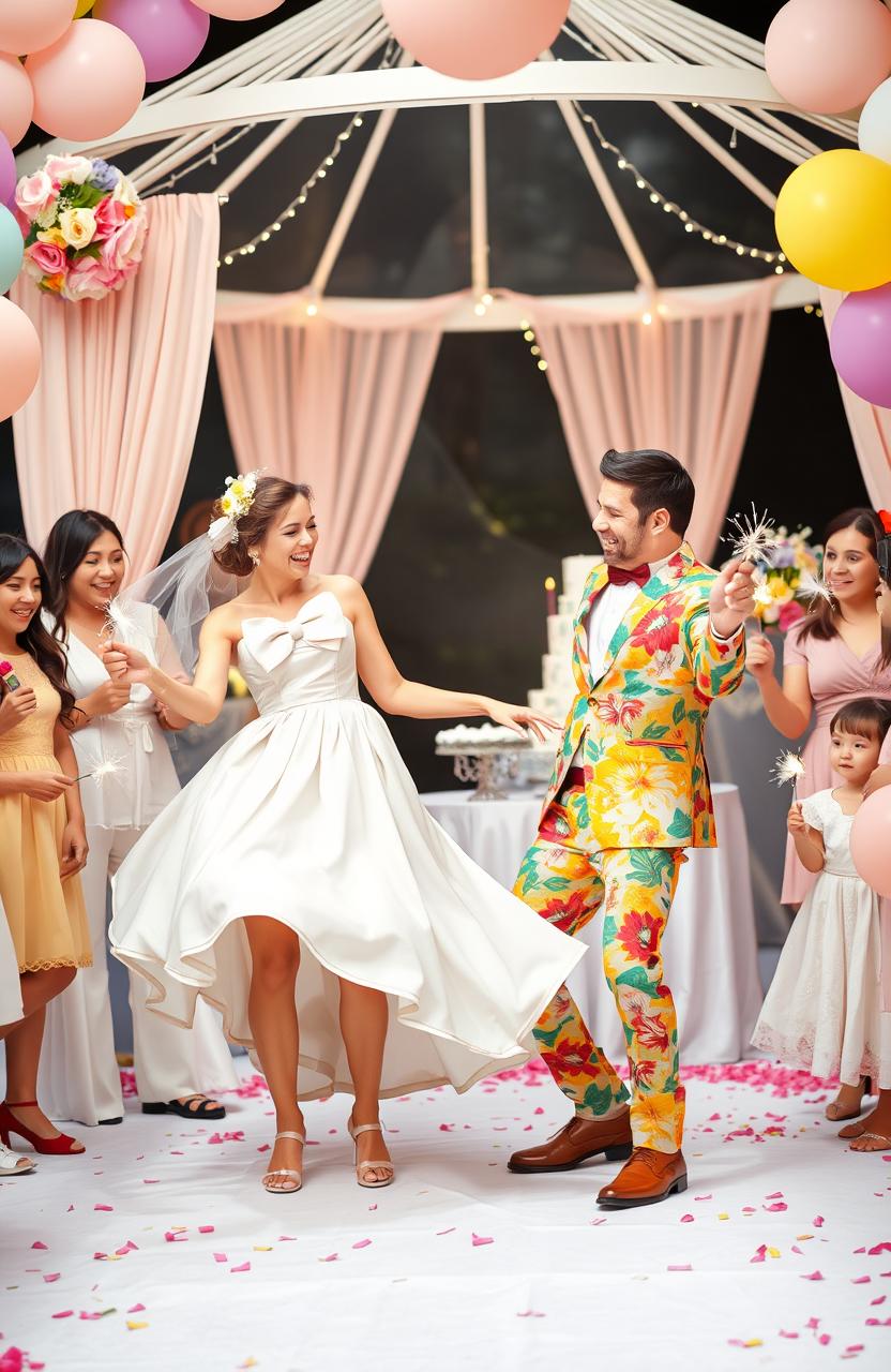 A whimsical, vibrant scene depicting a premature wedding celebration