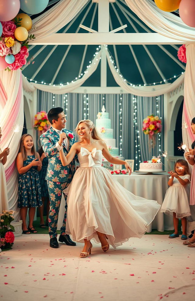 A whimsical, vibrant scene depicting a premature wedding celebration