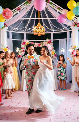 A whimsical, vibrant scene depicting a premature wedding celebration