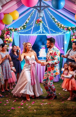 A whimsical, vibrant scene depicting a premature wedding celebration