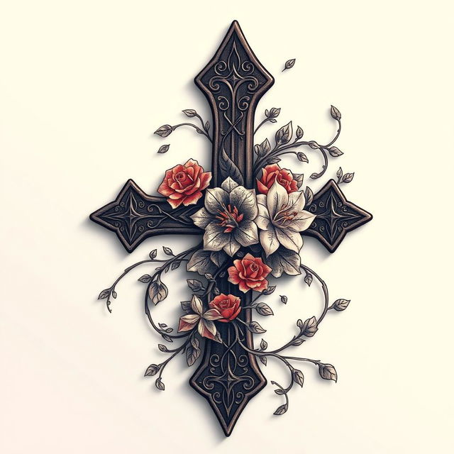 A beautifully detailed tattoo design featuring a cross, intricately adorned with floral patterns, vines, and geometric shapes