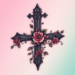 A beautifully detailed tattoo design featuring a cross, intricately adorned with floral patterns, vines, and geometric shapes