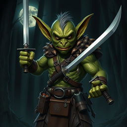 A fierce hobgoblin bounty hunter, showcasing an intense expression, stands ready for action