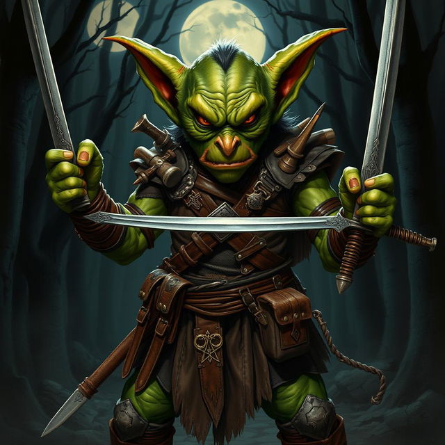 A fierce hobgoblin bounty hunter, showcasing an intense expression, stands ready for action