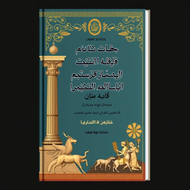 An exquisite book cover design for the 'Culture and Art of the 9th Grade' by Labaf High School, inspired by the Achaemenid (Persian) art style