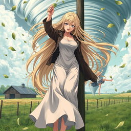 A thin teenage sensual anime girl with super long flowing blonde hair, wearing a long flowing dress complemented by a long jacket