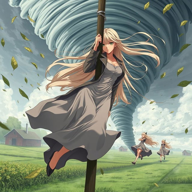 A thin teenage sensual anime girl with super long flowing blonde hair, wearing a long flowing dress complemented by a long jacket