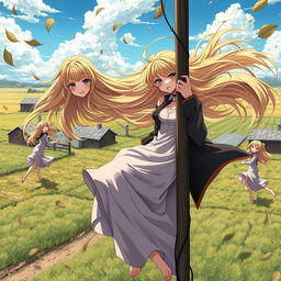 A thin teenage sensual anime girl with super long flowing blonde hair, wearing a long flowing dress complemented by a long jacket