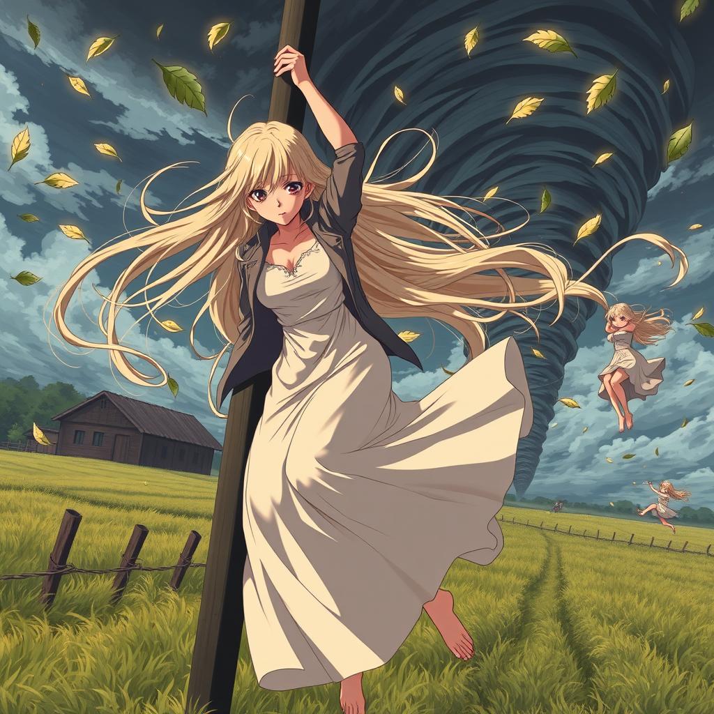 A thin teenage sensual anime girl with super long flowing blonde hair, wearing a long flowing dress complemented by a long jacket