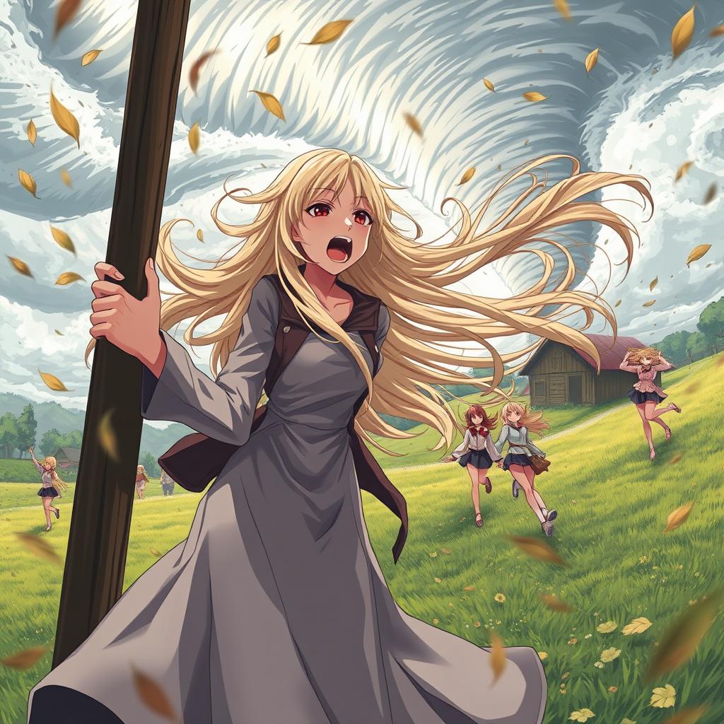 A thin teenage sensual anime girl with exceptionally long, flowing blonde hair and a long dress, paired with a stylish long jacket, is gripping onto a sturdy pole for dear life as she is caught in a fierce tornado