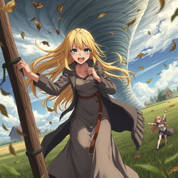 A thin teenage sensual anime girl with exceptionally long, flowing blonde hair and a long dress, paired with a stylish long jacket, is gripping onto a sturdy pole for dear life as she is caught in a fierce tornado