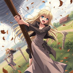 A thin teenage sensual anime girl with exceptionally long, flowing blonde hair and a long dress, paired with a stylish long jacket, is gripping onto a sturdy pole for dear life as she is caught in a fierce tornado