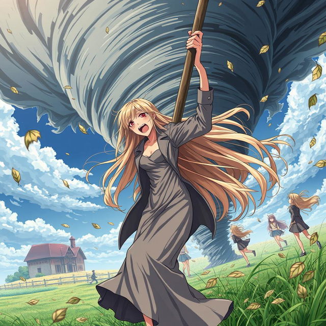 A thin teenage sensual anime girl with exceptionally long, flowing blonde hair and a long dress, paired with a stylish long jacket, is gripping onto a sturdy pole for dear life as she is caught in a fierce tornado