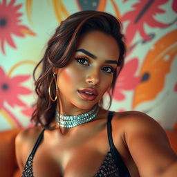 A glamorous self-portrait of a confident, sexy individual posing in a stylish and vibrant setting, highlighted by soft, flattering lighting that accentuates their features
