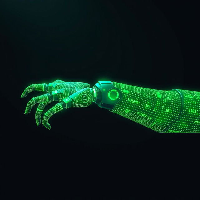 A futuristic robotic arm composed entirely of glowing green binary numbers, with intricate digital patterns weaving through the digits