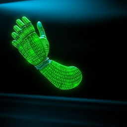 A futuristic robotic arm composed entirely of glowing green binary numbers, with intricate digital patterns weaving through the digits