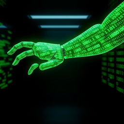 A futuristic robotic arm composed entirely of glowing green binary numbers, with intricate digital patterns weaving through the digits