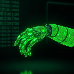 A futuristic robotic arm composed entirely of glowing green binary numbers, with intricate digital patterns weaving through the digits