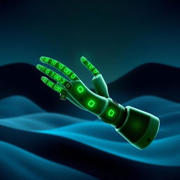 A visually striking image of a robotic arm made entirely of aesthetically arranged green binary numbers, with a sleek and artistic design