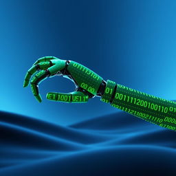 A visually striking image of a robotic arm made entirely of aesthetically arranged green binary numbers, with a sleek and artistic design