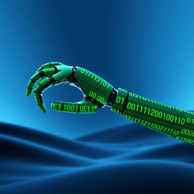 A visually striking image of a robotic arm made entirely of aesthetically arranged green binary numbers, with a sleek and artistic design