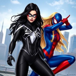 A dynamic superhero scene featuring two Spider-Women: one with long black hair wearing a sleek black Spider-Woman suit, showcasing intricate web patterns and a confident pose