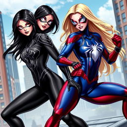 A dynamic superhero scene featuring two Spider-Women: one with long black hair wearing a sleek black Spider-Woman suit, showcasing intricate web patterns and a confident pose