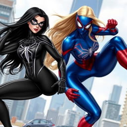 A dynamic superhero scene featuring two Spider-Women: one with long black hair wearing a sleek black Spider-Woman suit, showcasing intricate web patterns and a confident pose