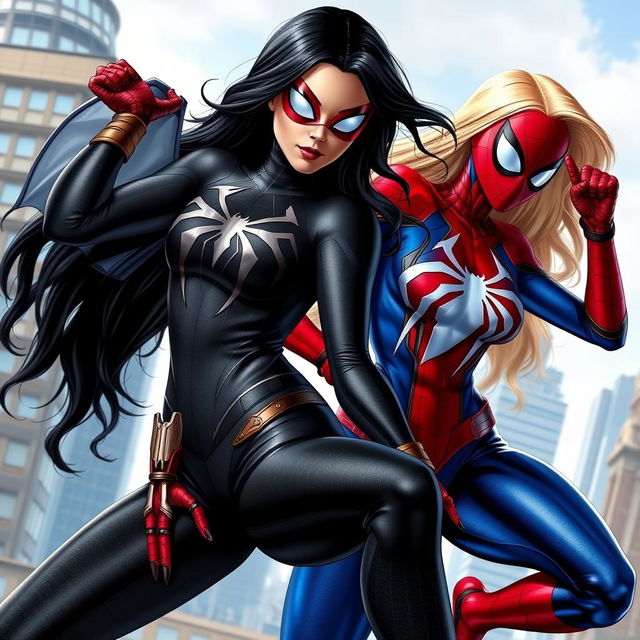 A dynamic superhero scene featuring two Spider-Women: one with long black hair wearing a sleek black Spider-Woman suit, showcasing intricate web patterns and a confident pose