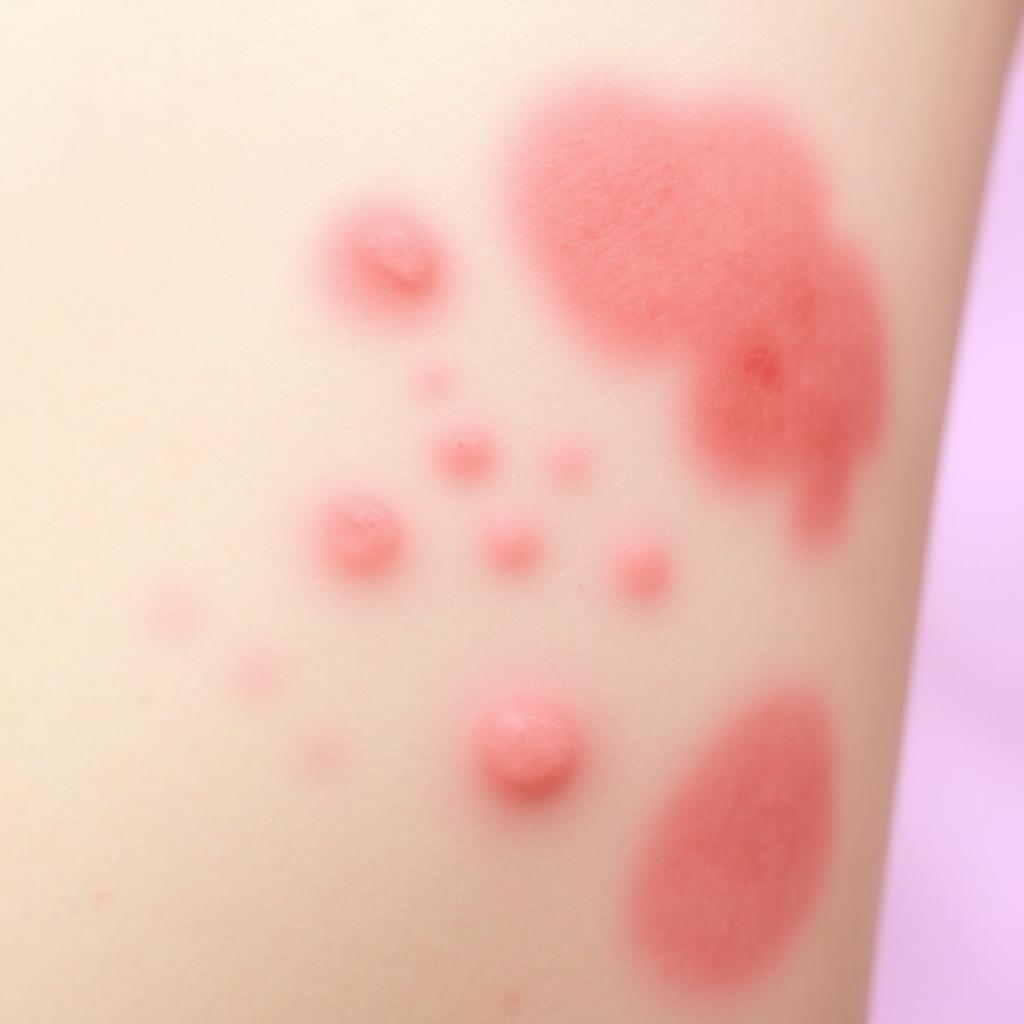 A close-up view of skin displaying an allergic reaction, showcasing red, inflamed patches and hives on the skin