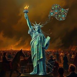 A captivating reinterpretation of the famous painting 'Liberty Leading the People', featuring an artificial intelligence figure in the form of a human