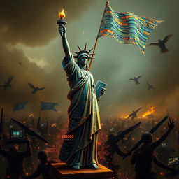 A captivating reinterpretation of the famous painting 'Liberty Leading the People', featuring an artificial intelligence figure in the form of a human