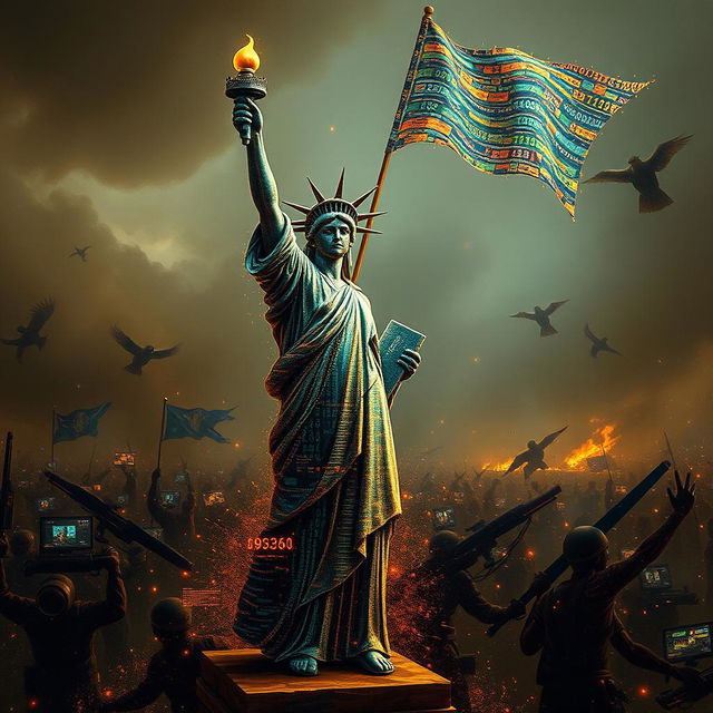 A captivating reinterpretation of the famous painting 'Liberty Leading the People', featuring an artificial intelligence figure in the form of a human