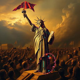 A captivating reinterpretation of the famous painting 'Liberty Leading the People', featuring an artificial intelligence figure in the form of a human