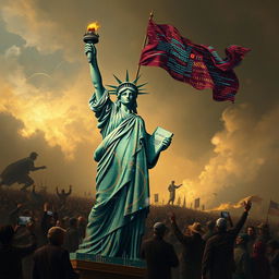 A captivating reinterpretation of the famous painting 'Liberty Leading the People', featuring an artificial intelligence figure in the form of a human