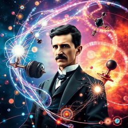 A stunning digital design that creatively represents the concept of quantum physics, featuring a dynamic portrayal of Nikola Tesla amidst swirling magnetic fields